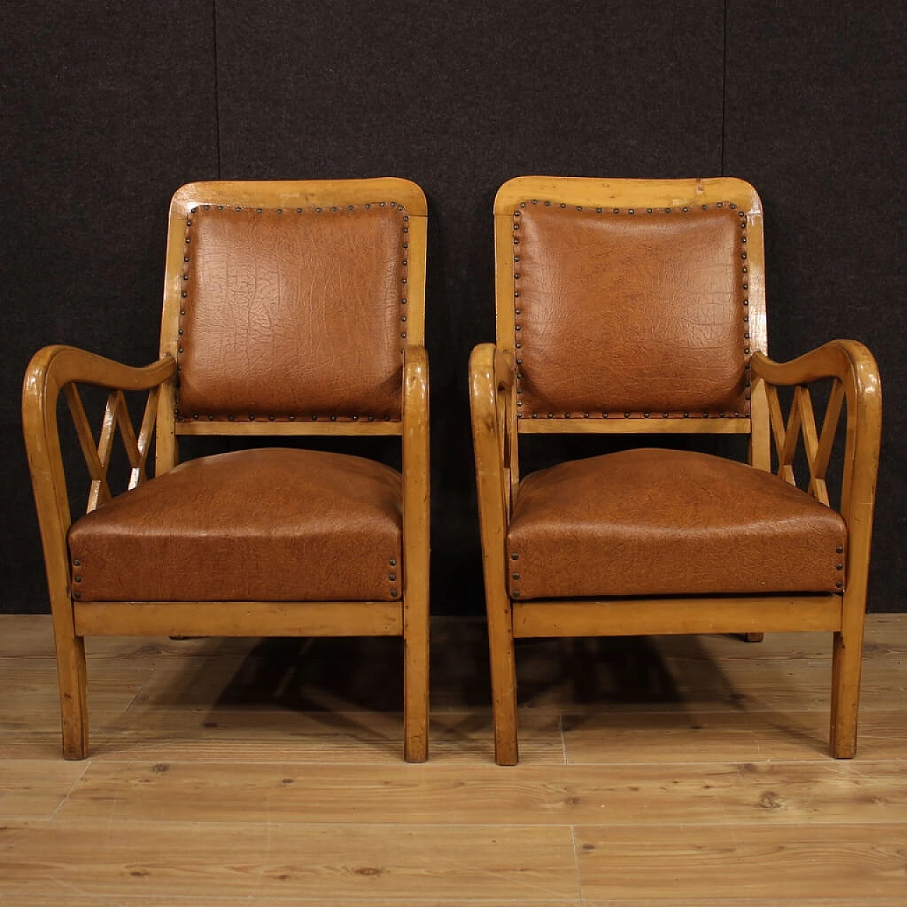 Pair of Italian armchairs in walnut wood, 60's 1139301