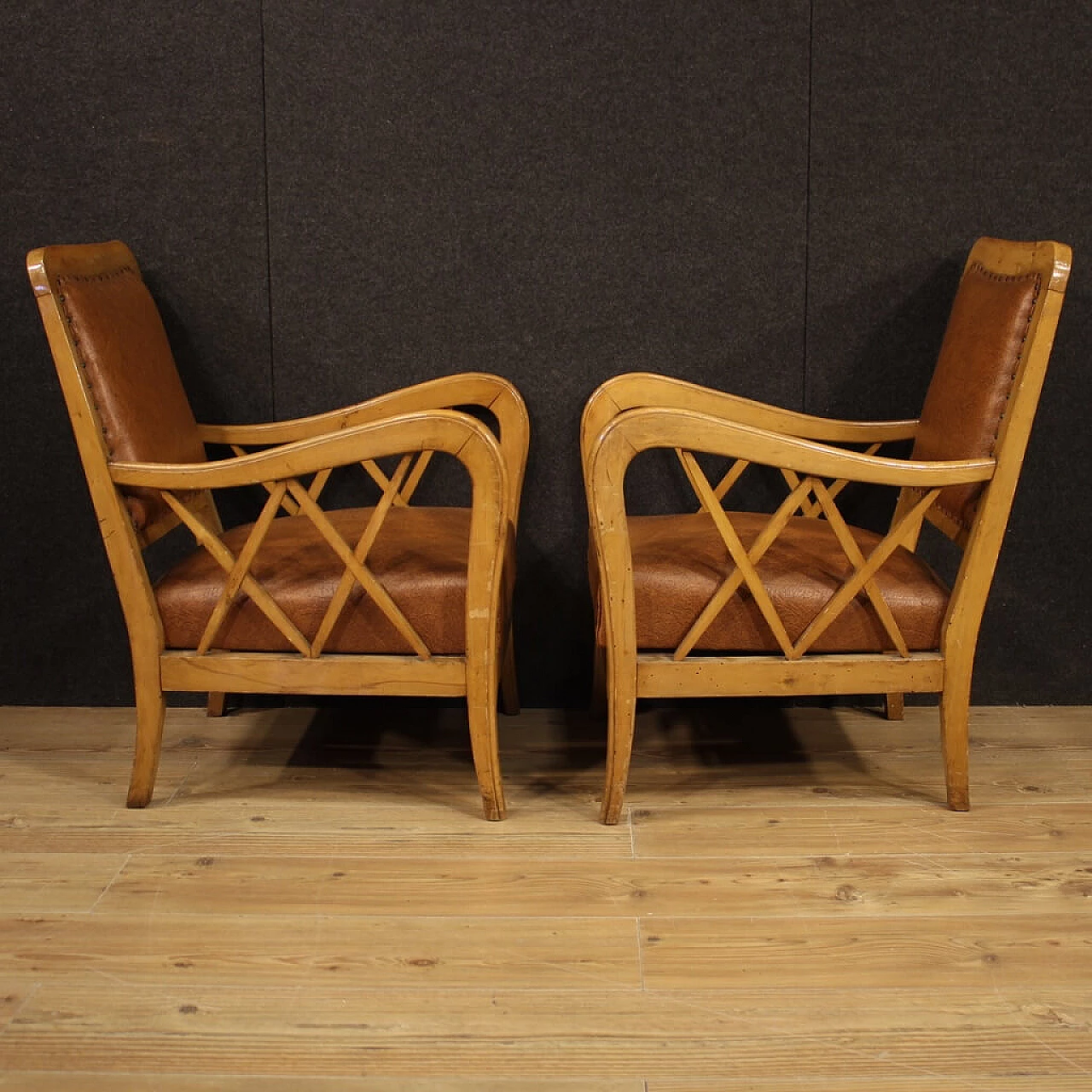 Pair of Italian armchairs in walnut wood, 60's 1139303