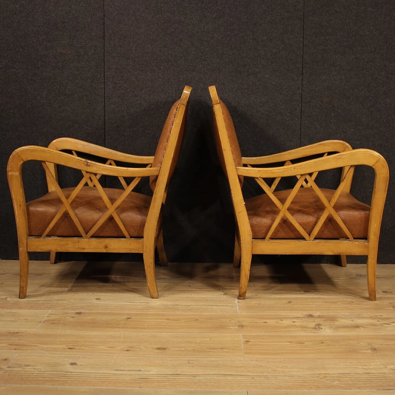 Pair of Italian armchairs in walnut wood, 60's 1139305
