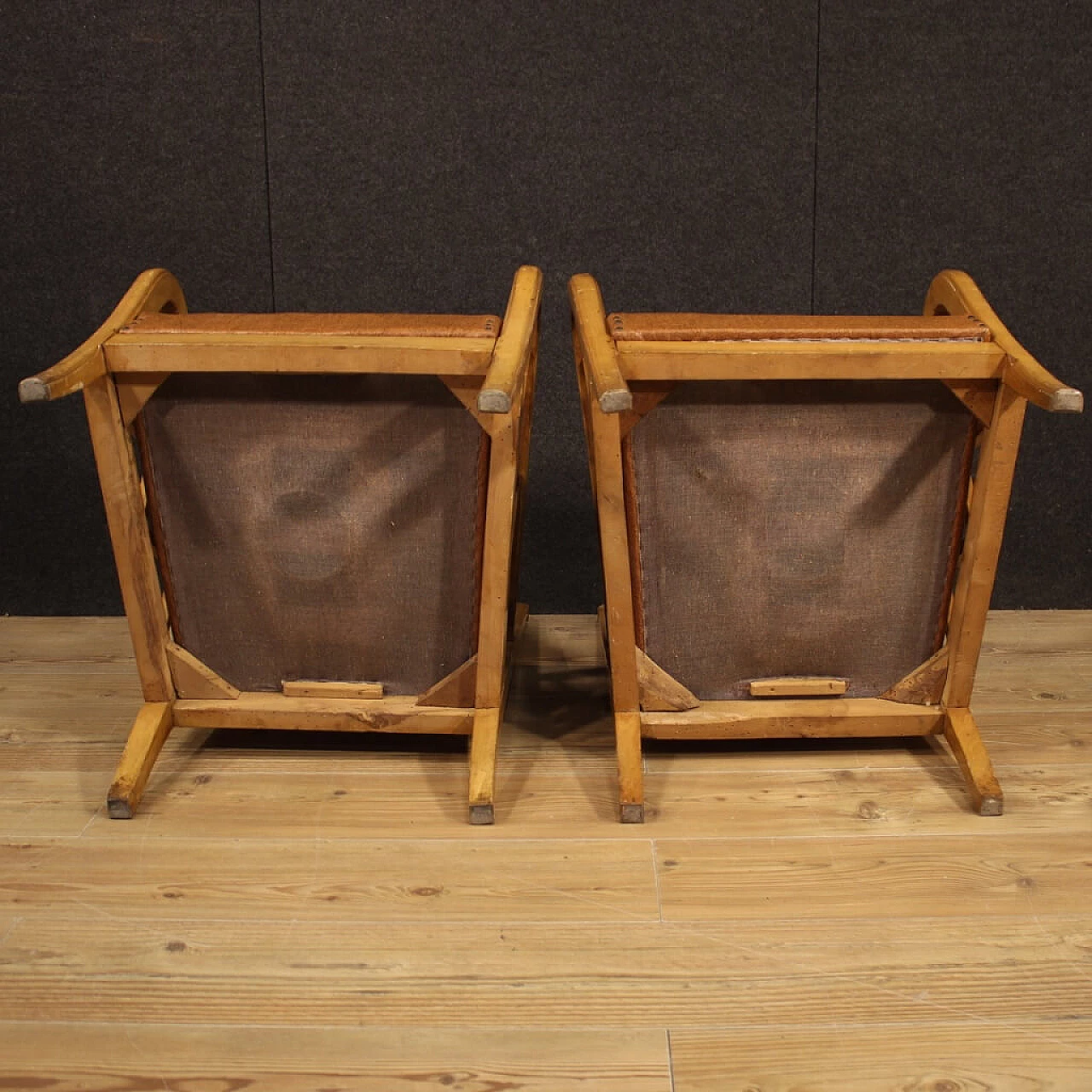 Pair of Italian armchairs in walnut wood, 60's 1139308
