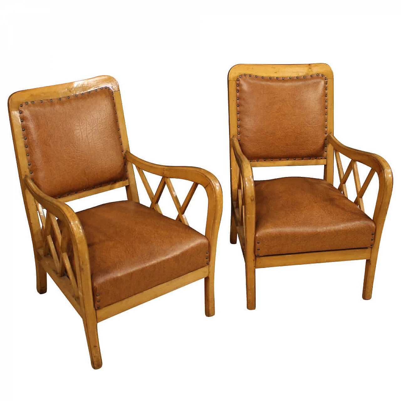 Pair of Italian armchairs in walnut wood, 60's 1139580