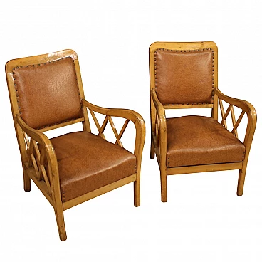 Pair of Italian armchairs in walnut wood, 60's