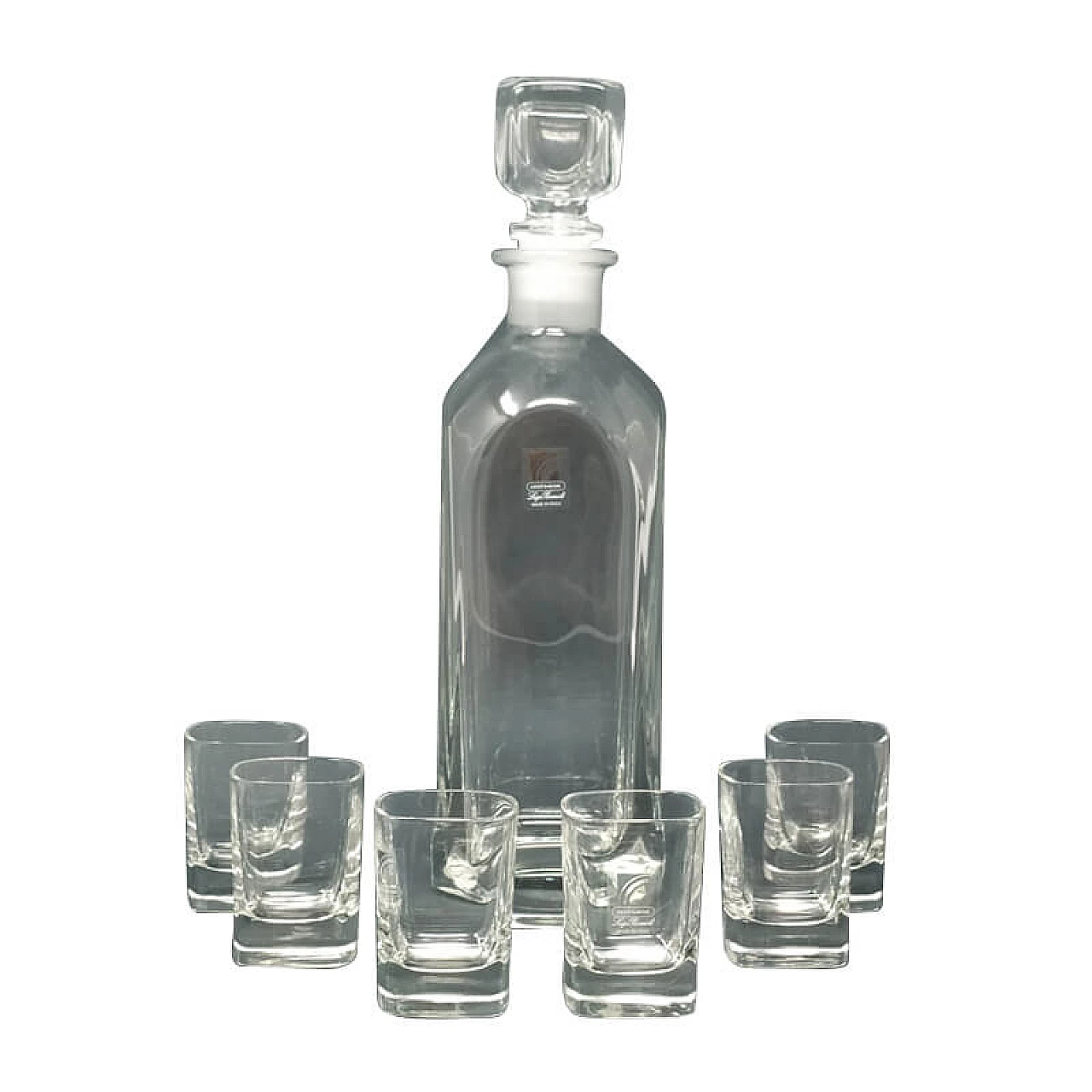 Decanter in cristallo d'epoca con 6 bicchieri di Luigi Bormioli, anni '70 1140223