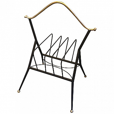 Magazine rack in black metal and brass, 1950s