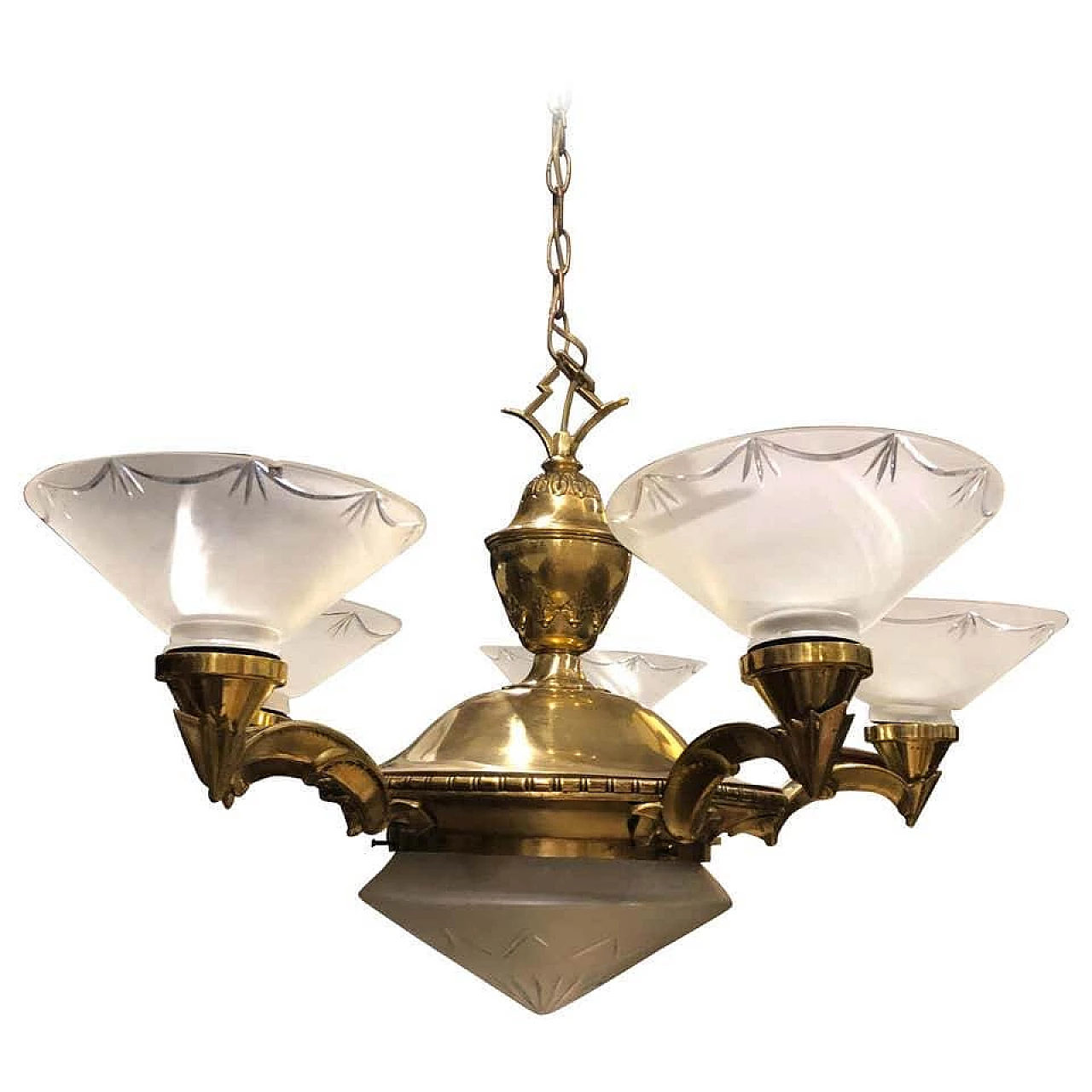 Italian chandelier in brass and glass Art Deco, 1930s 1141790