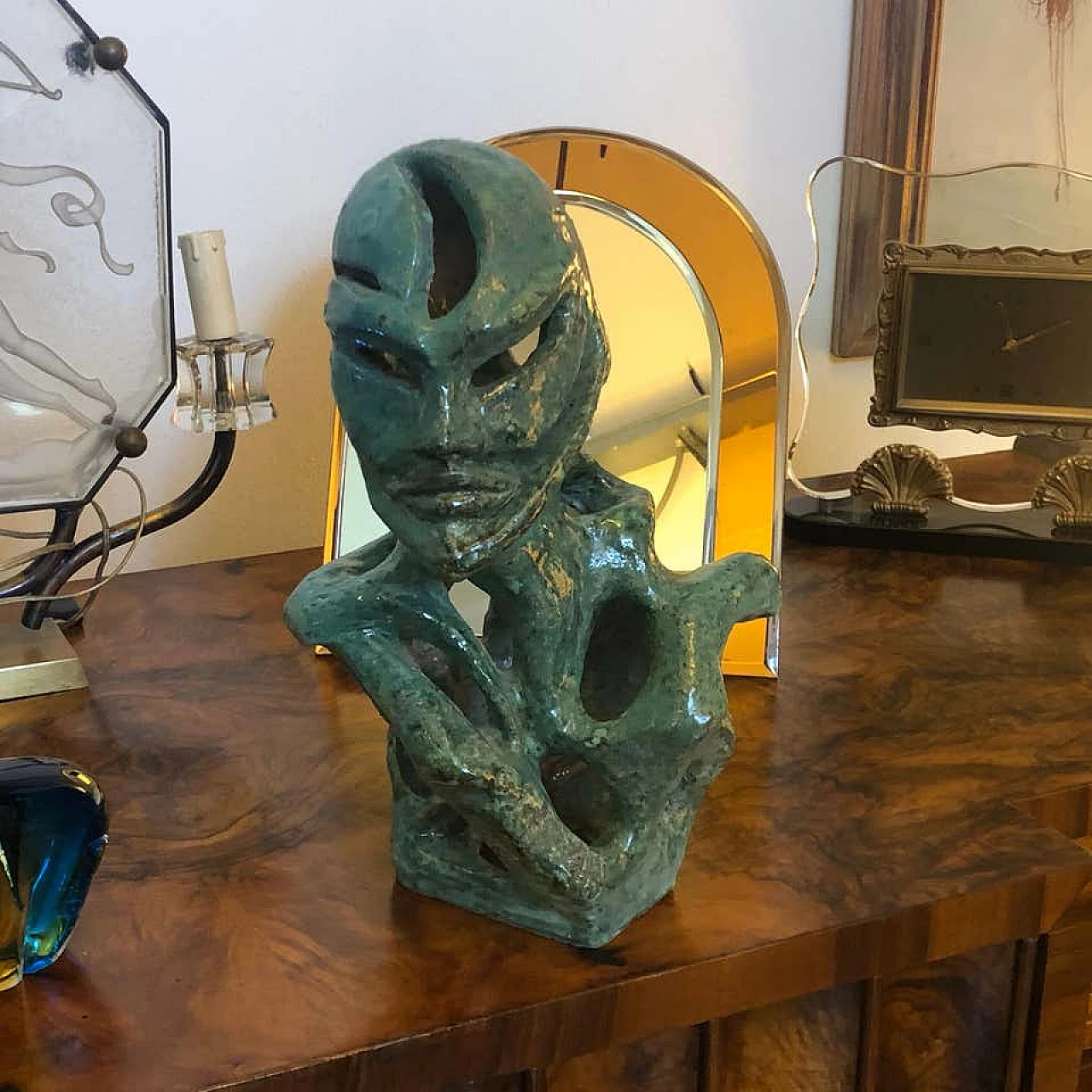 Futurist green ceramic Italian sculpture of a bust, 1930s 1141884