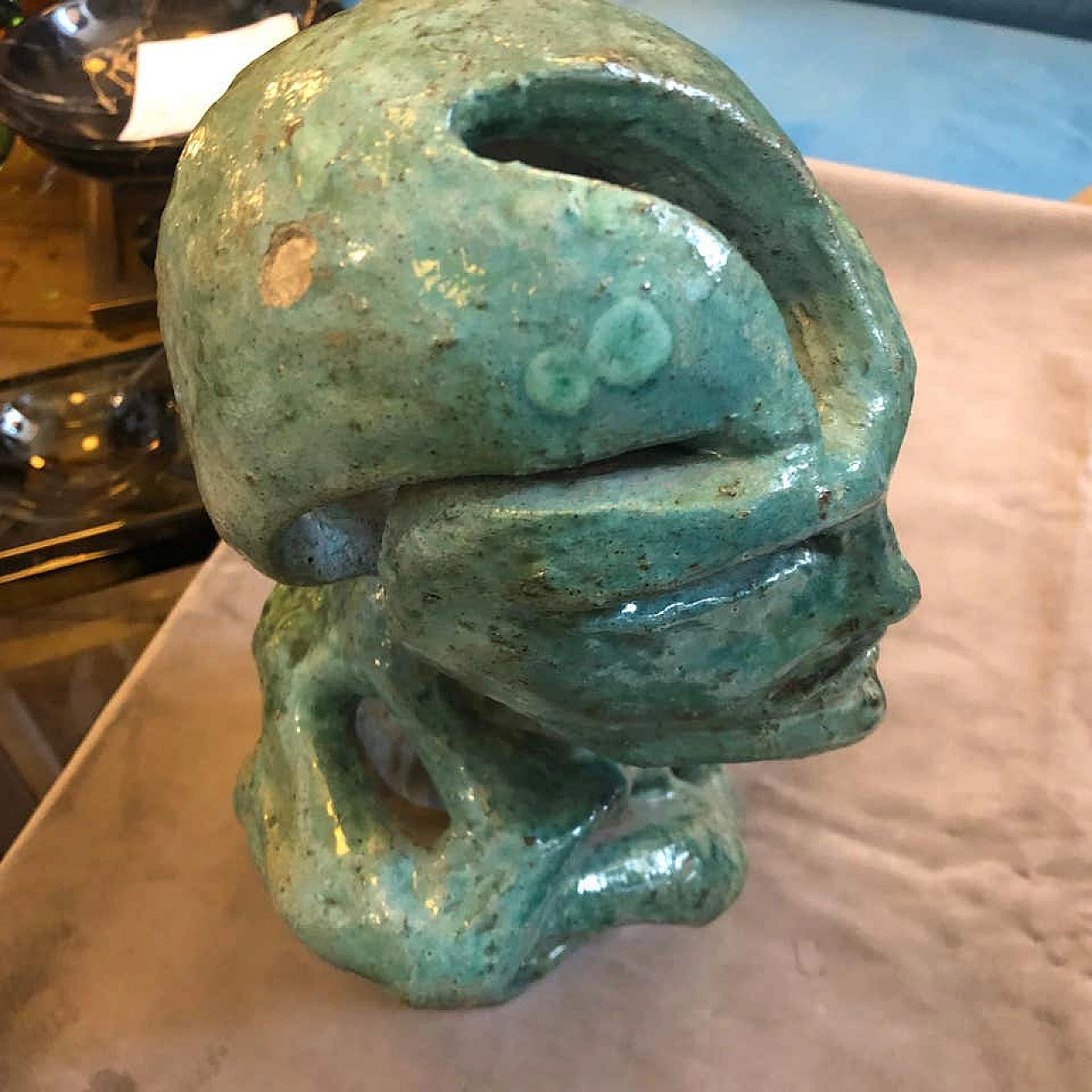 Futurist green ceramic Italian sculpture of a bust, 1930s 1141886