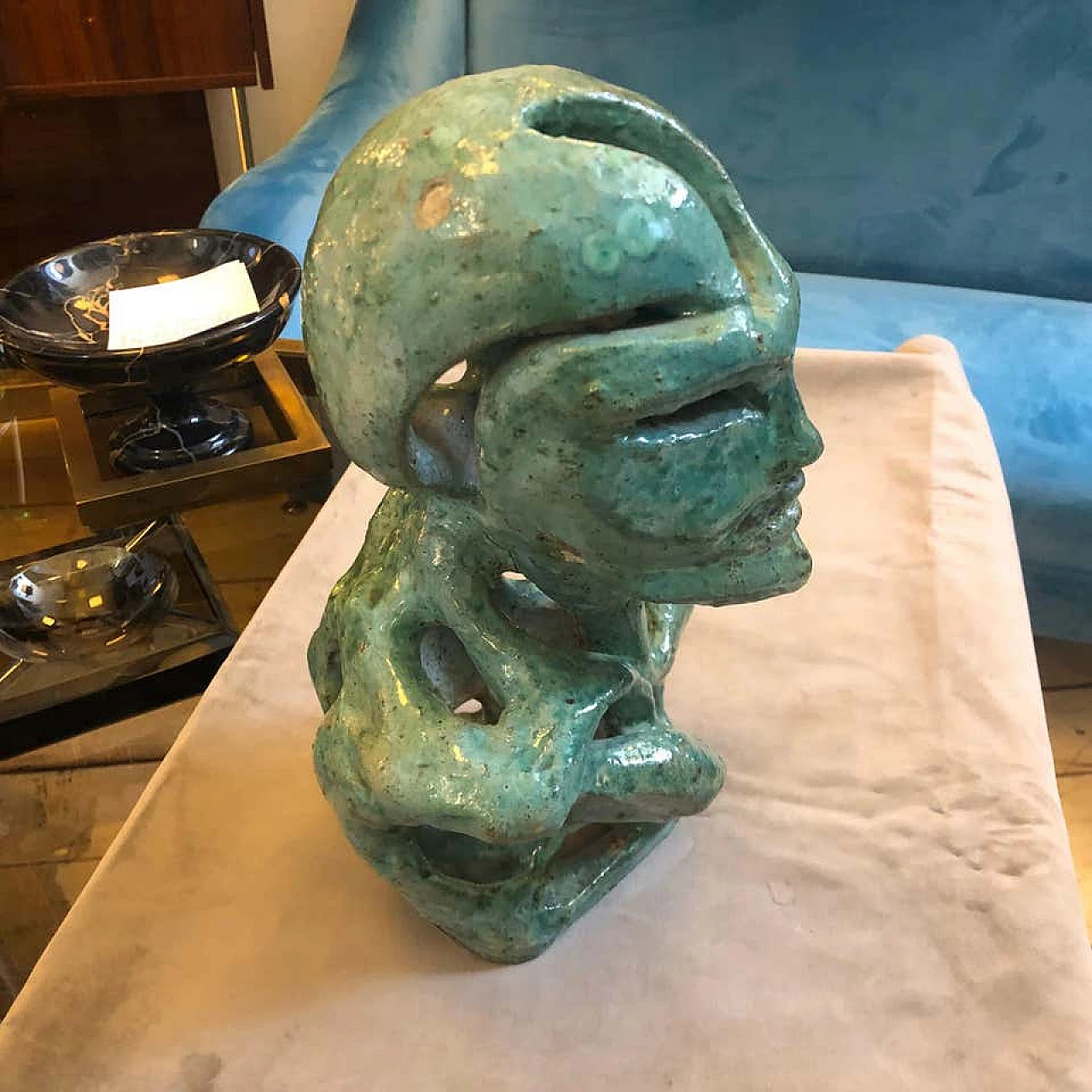 Futurist green ceramic Italian sculpture of a bust, 1930s 1141889