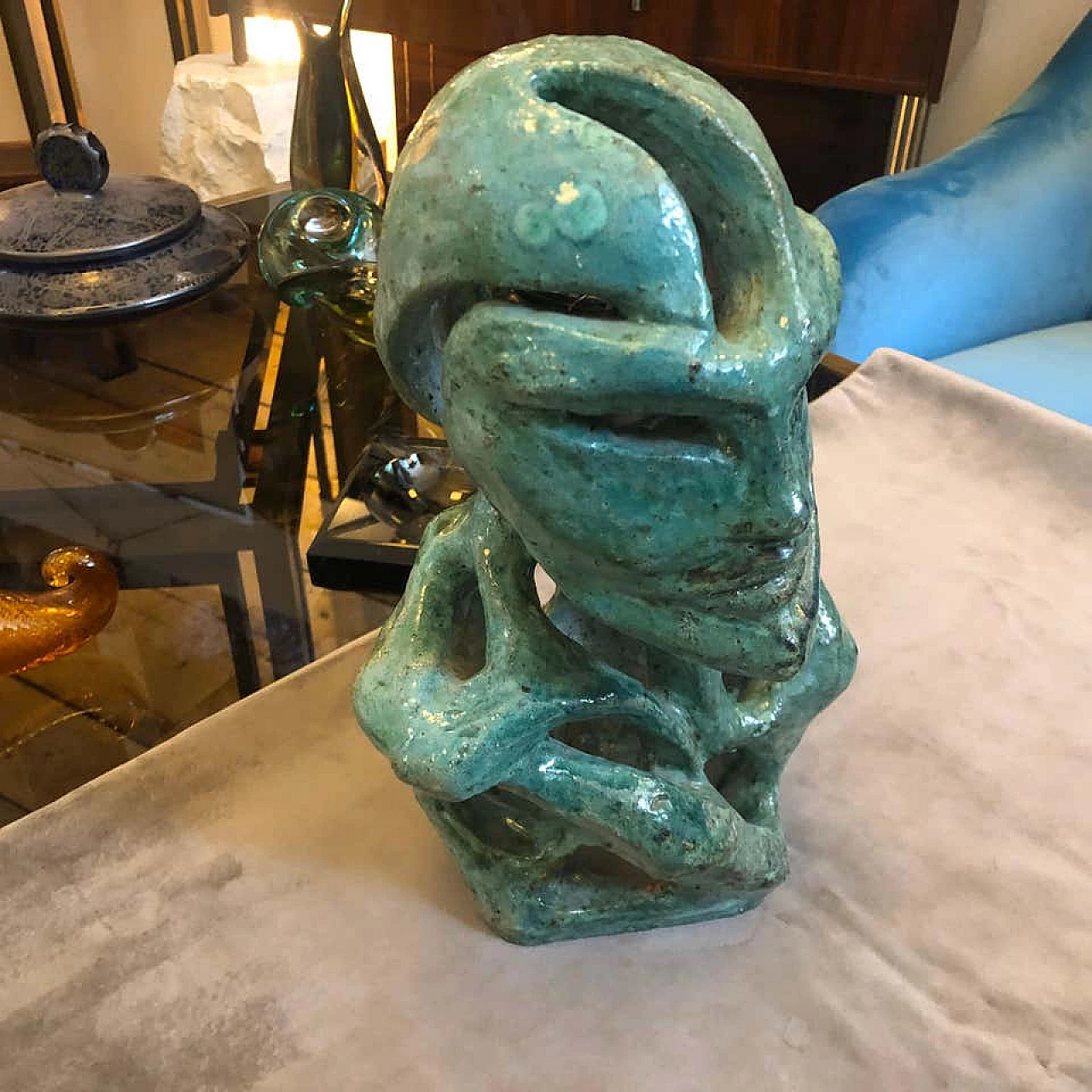 Futurist green ceramic Italian sculpture of a bust, 1930s 1141891
