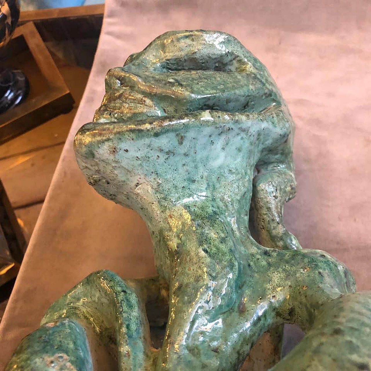 Futurist green ceramic Italian sculpture of a bust, 1930s 1141892