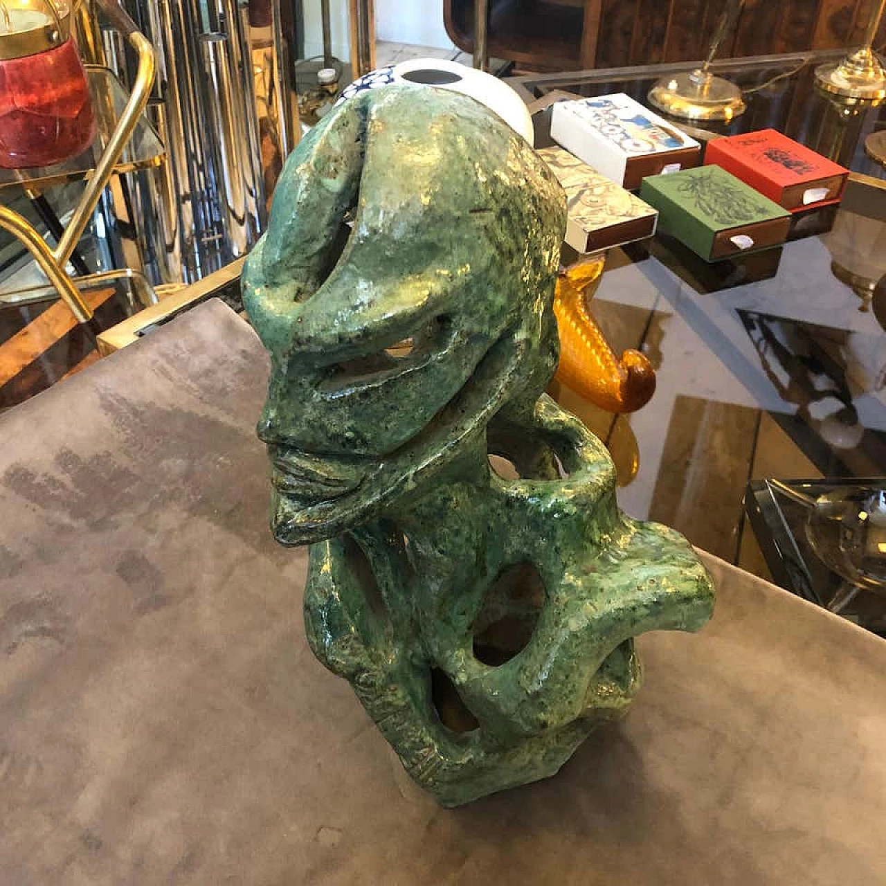 Futurist green ceramic Italian sculpture of a bust, 1930s 1141893