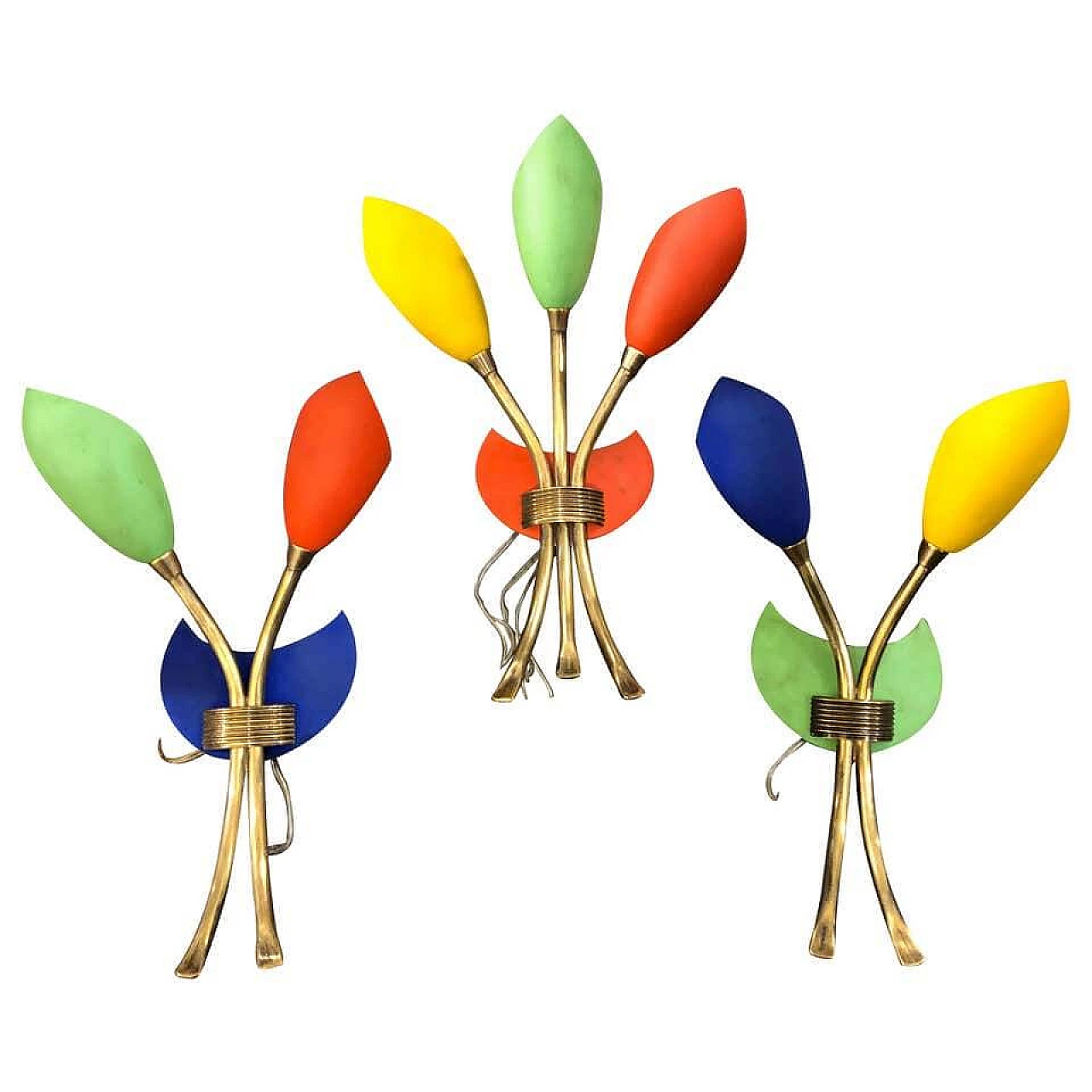 3 colored brass wall sconces, 50s 1141955