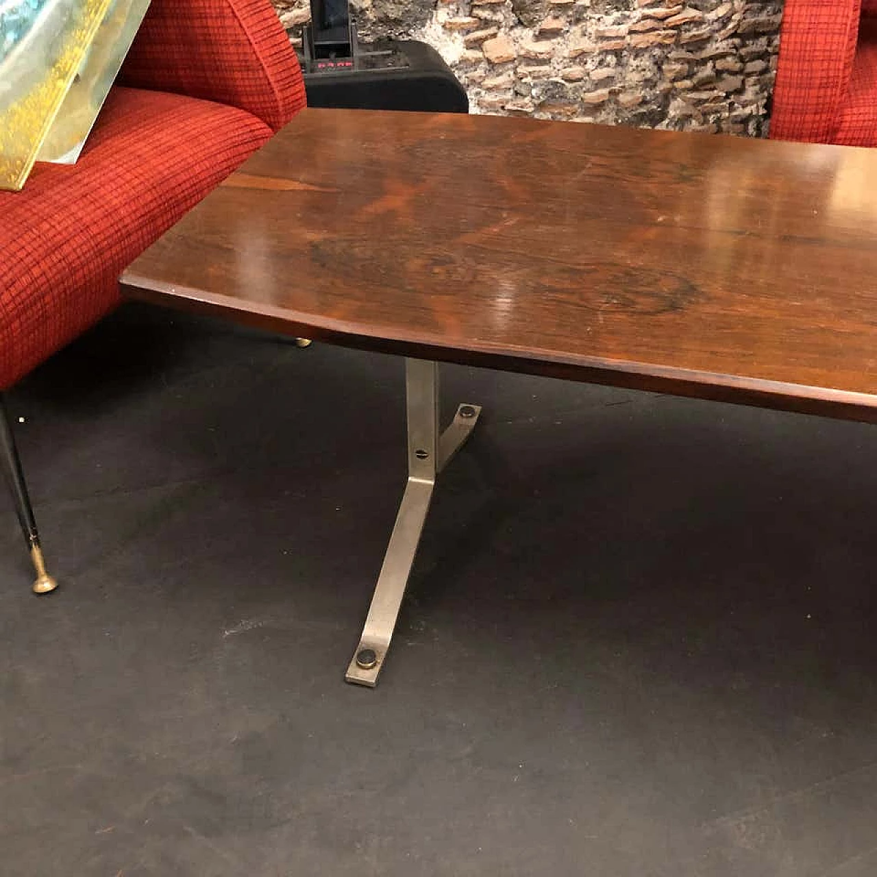 Italian coffee table in rosewood Rio and steel, 70's 1142566