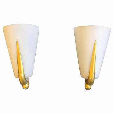 Pair of brass and glass wall sconce in Gio Ponti style, 50s