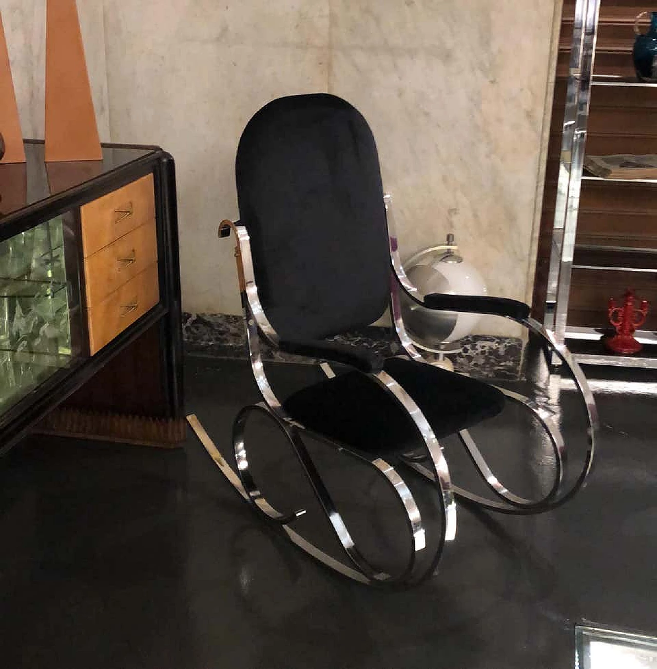 Rocking chair chrome and black velvet, 70s 1142944