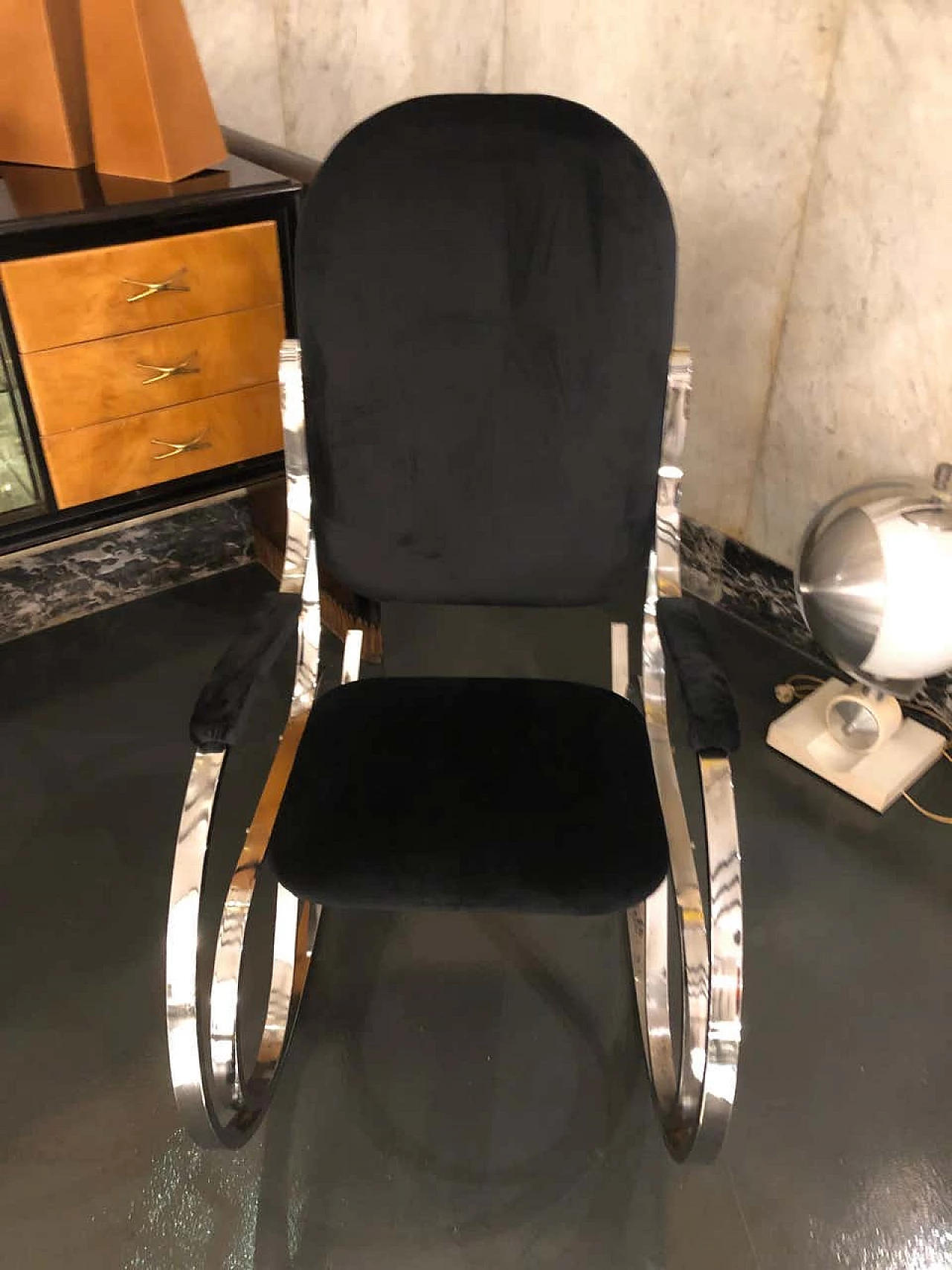 Rocking chair chrome and black velvet, 70s 1142945