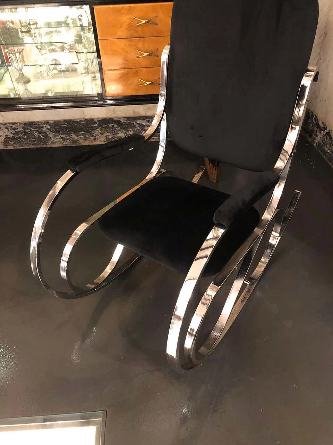 Rocking chair chrome and black velvet, 70s 1142946