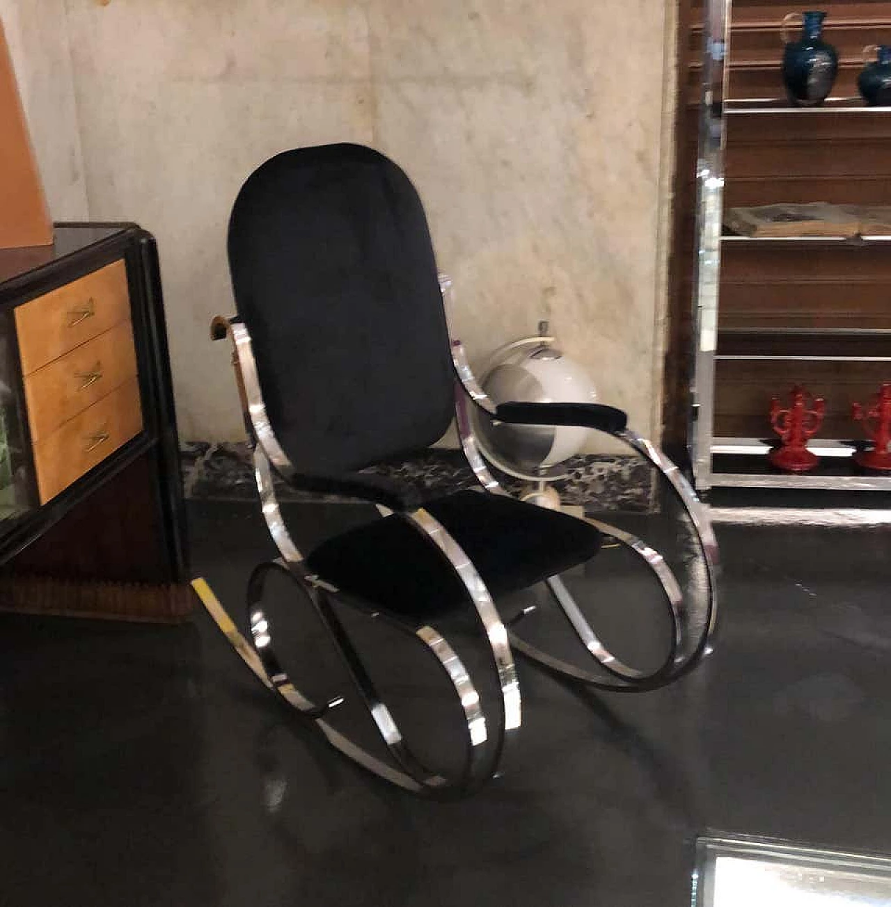 Rocking chair chrome and black velvet, 70s 1142947