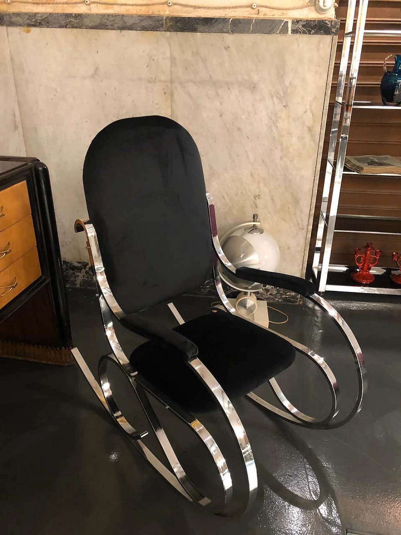 Rocking chair chrome and black velvet, 70s 1142948