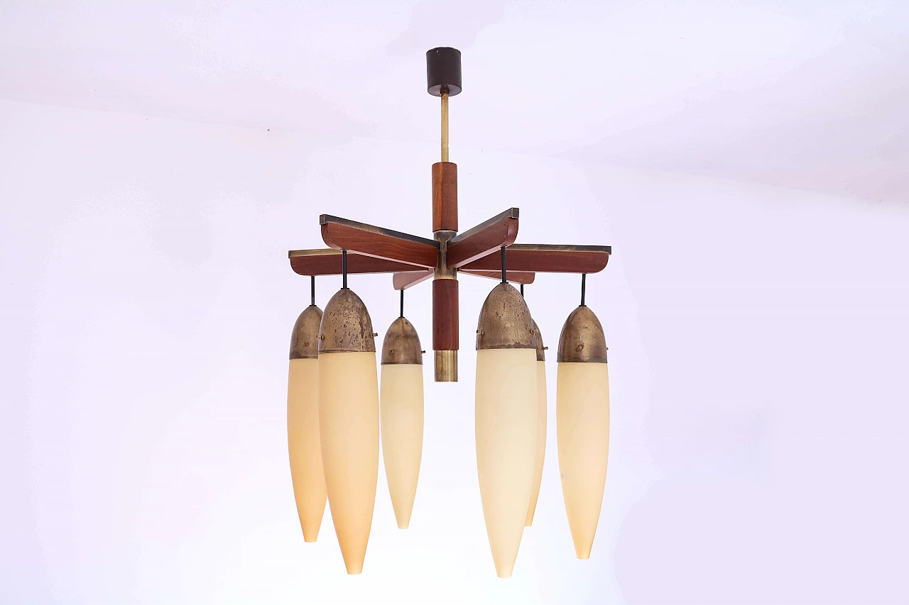 Lampadario in legno ottone e vetro 1143702