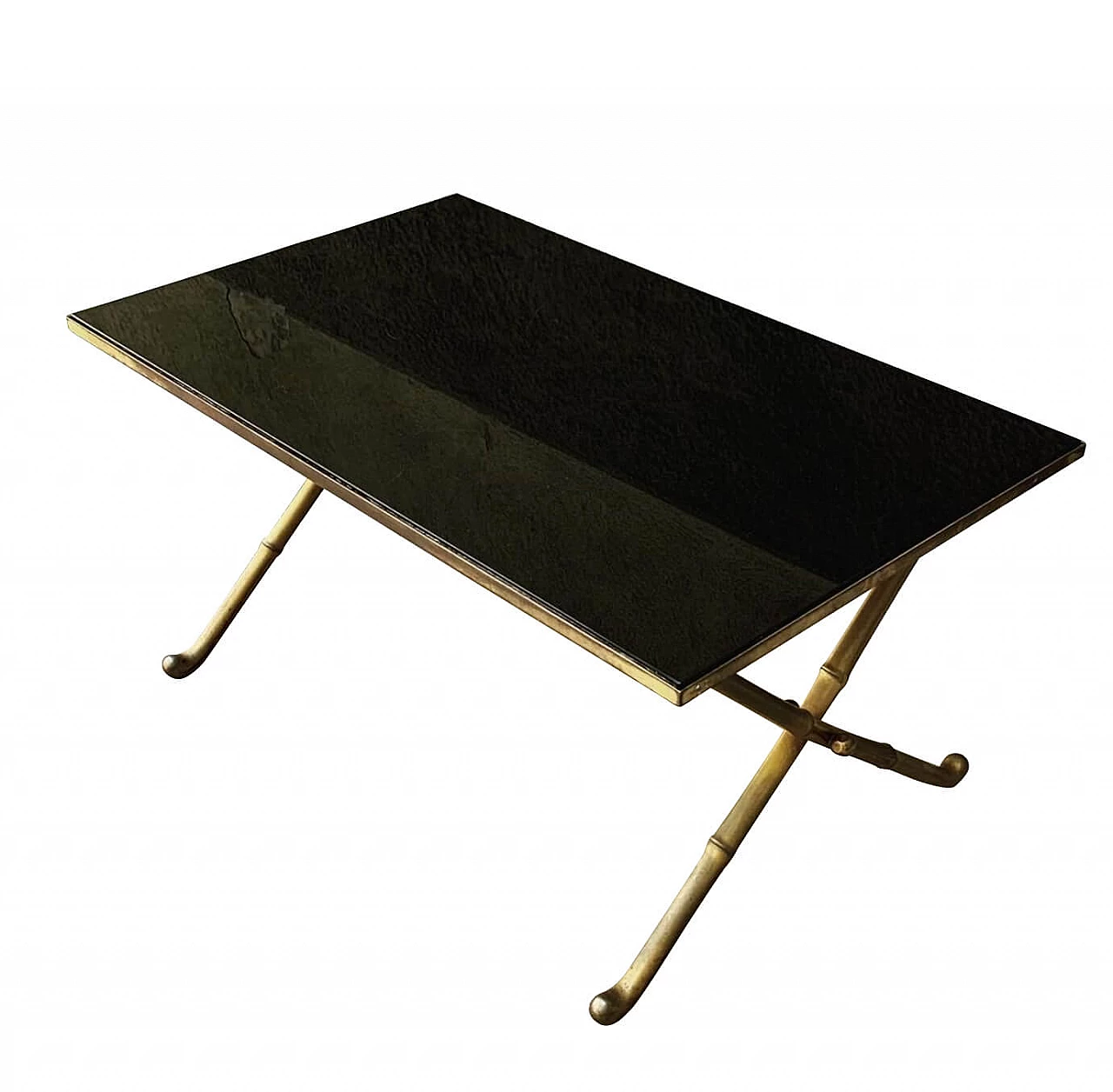 Faux bamboo coffee table in gilded brass with black glass top, 60s 1144101