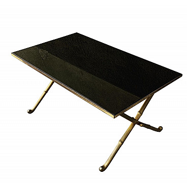 Faux bamboo coffee table in gilded brass with black glass top, 60s