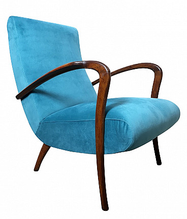 Armchair in wood and blue fabric, 1950s