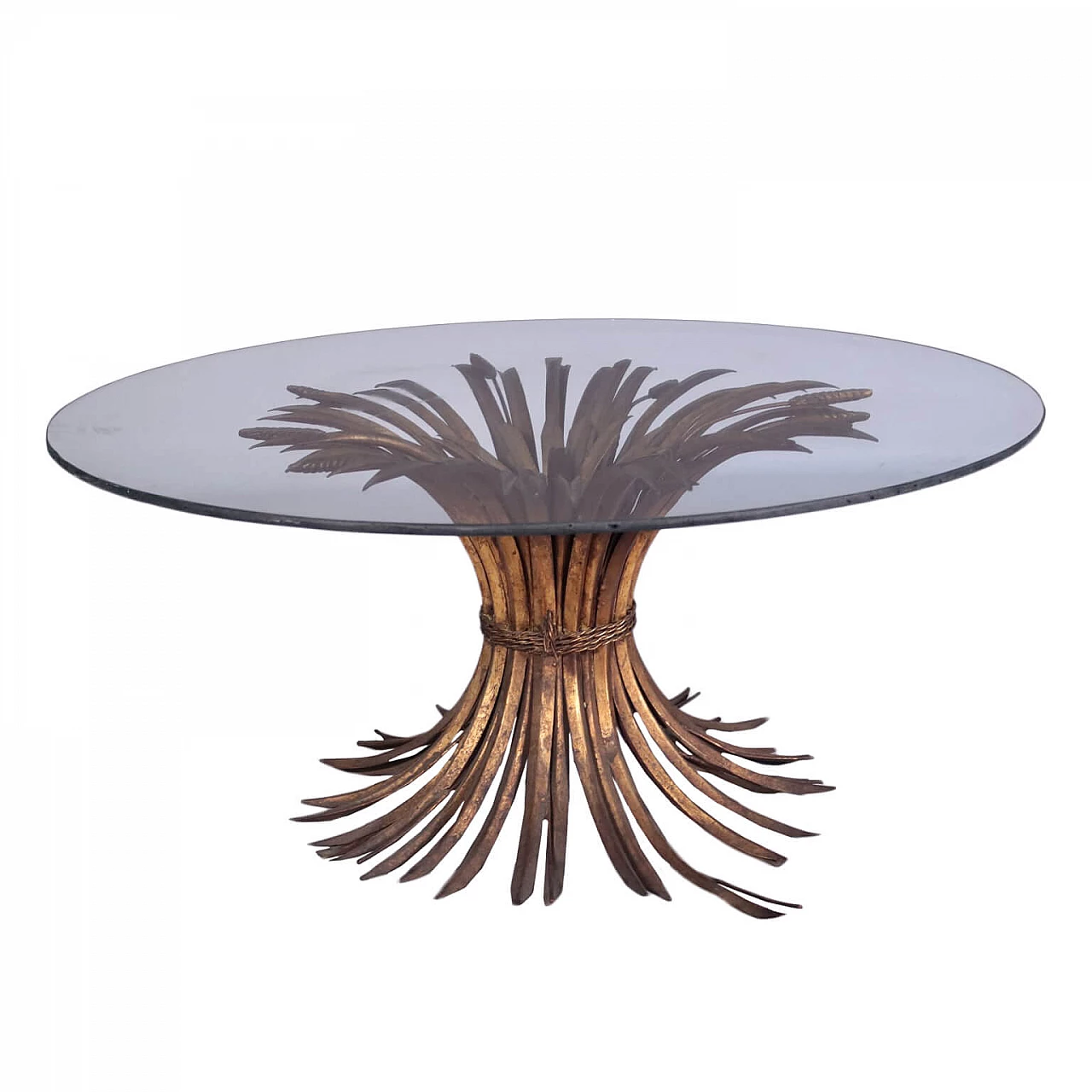 Tavolino con piano in vetro e spighe in metallo dorato 1144221