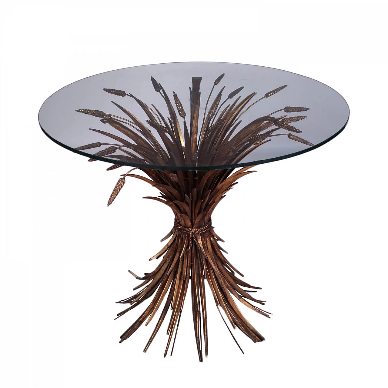 Tavolo con piano in vetro e base di spighe in metallo dorato 1144296