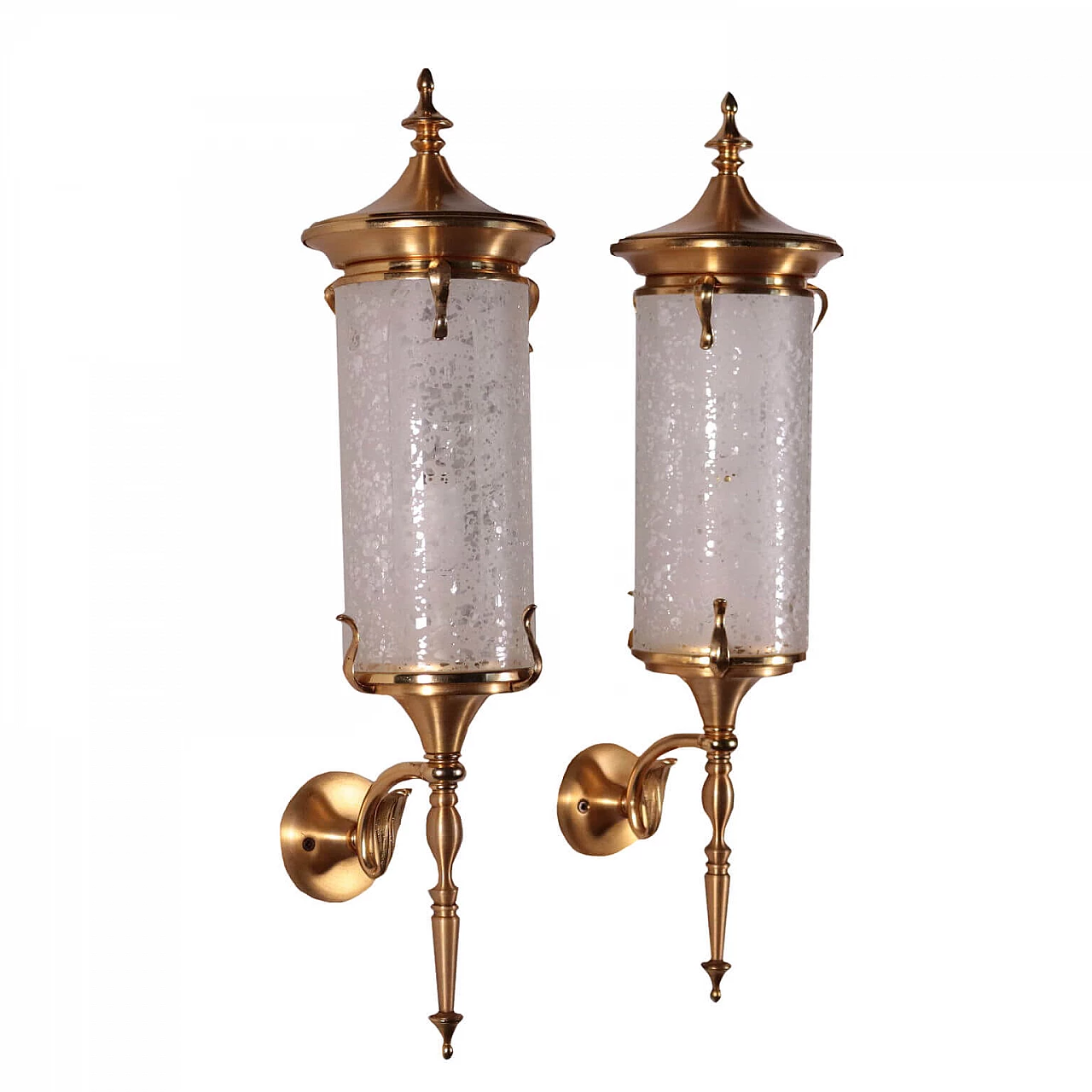 Pair of wall lamps made of brass and decorated glass 1144319