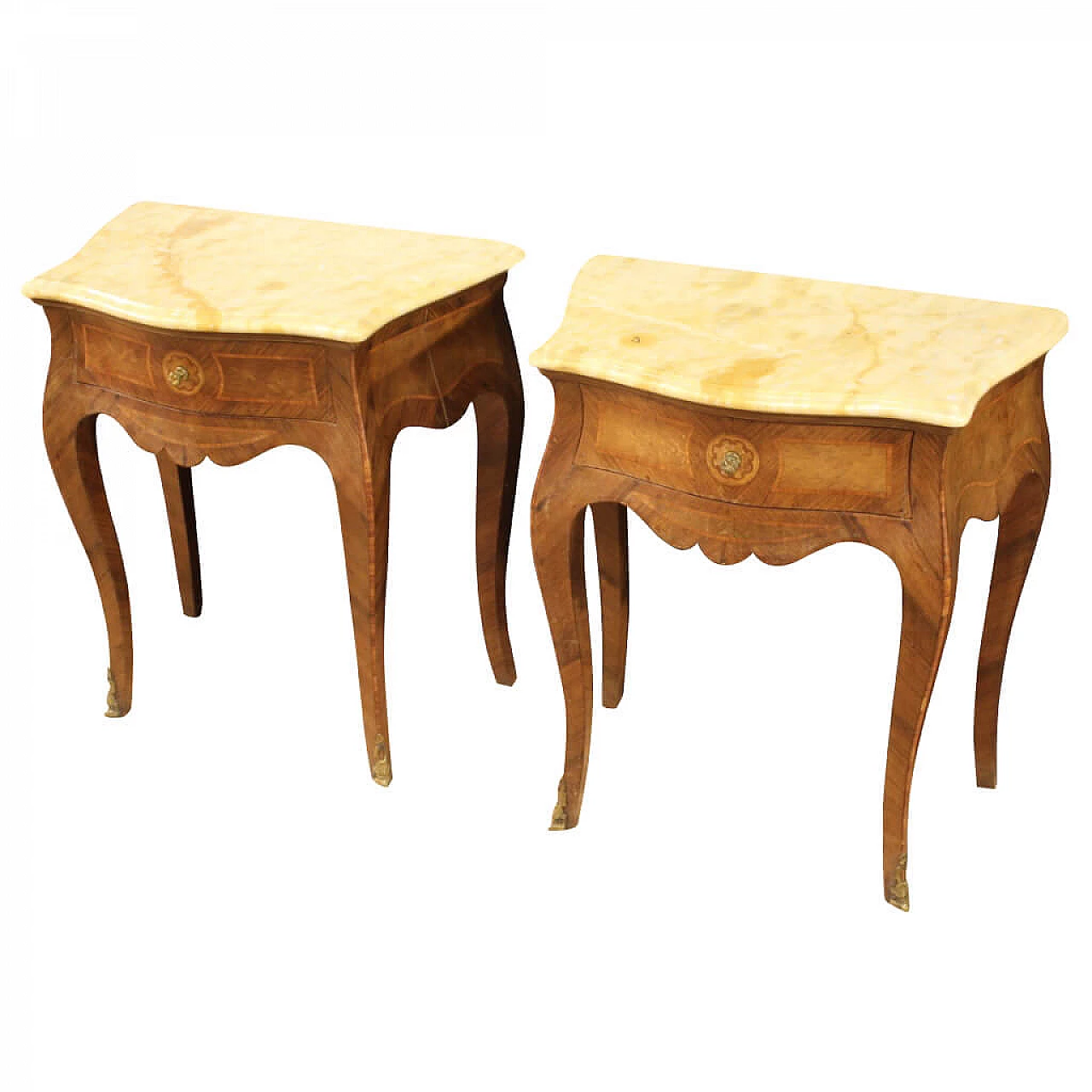 Pair of Italian inlaid bedside tables with marble top 1180503