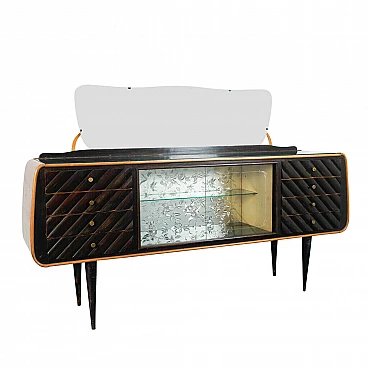 Sideboard with mirror in dark wood and glass, 50s