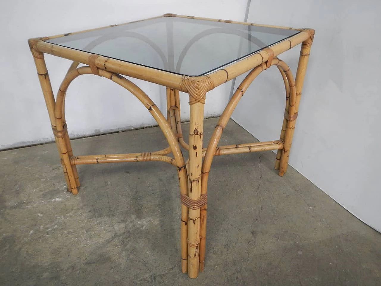 Wicker table with glass top, 1970s 1180660