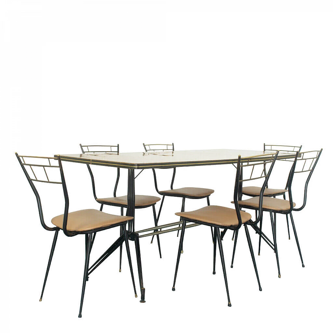 Dining table and 6 chairs in iron and brass, 70s 1180752