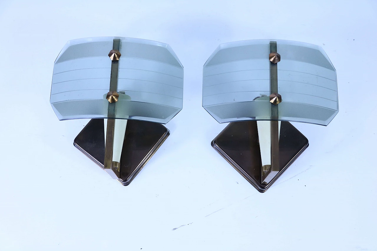 Pair of wall lamps in glass and brass, 1950s 1180955