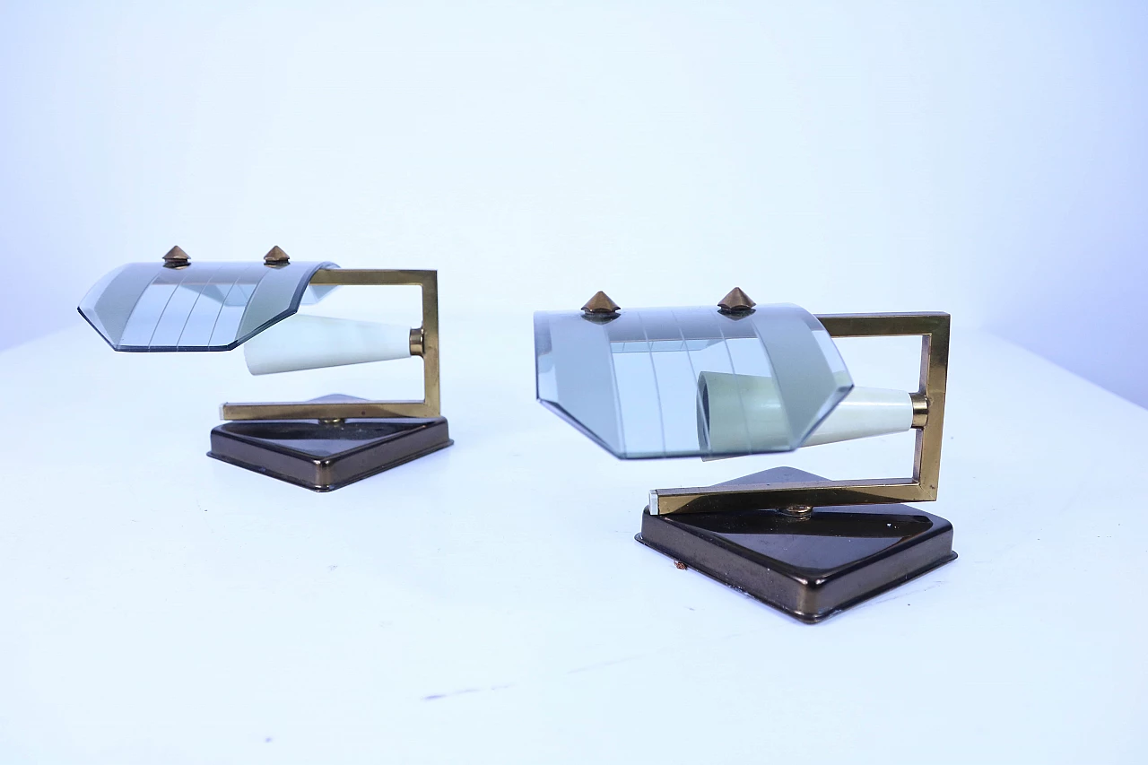 Pair of wall lamps in glass and brass, 1950s 1180960