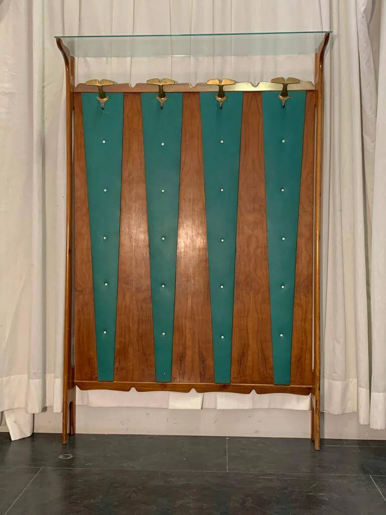 Coat rack in cherry wood and green leatherette, 1950s 1181863