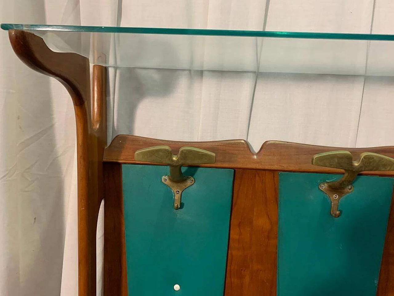 Coat rack in cherry wood and green leatherette, 1950s 1181864