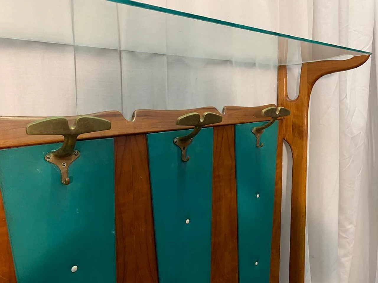 Coat rack in cherry wood and green leatherette, 1950s 1181865