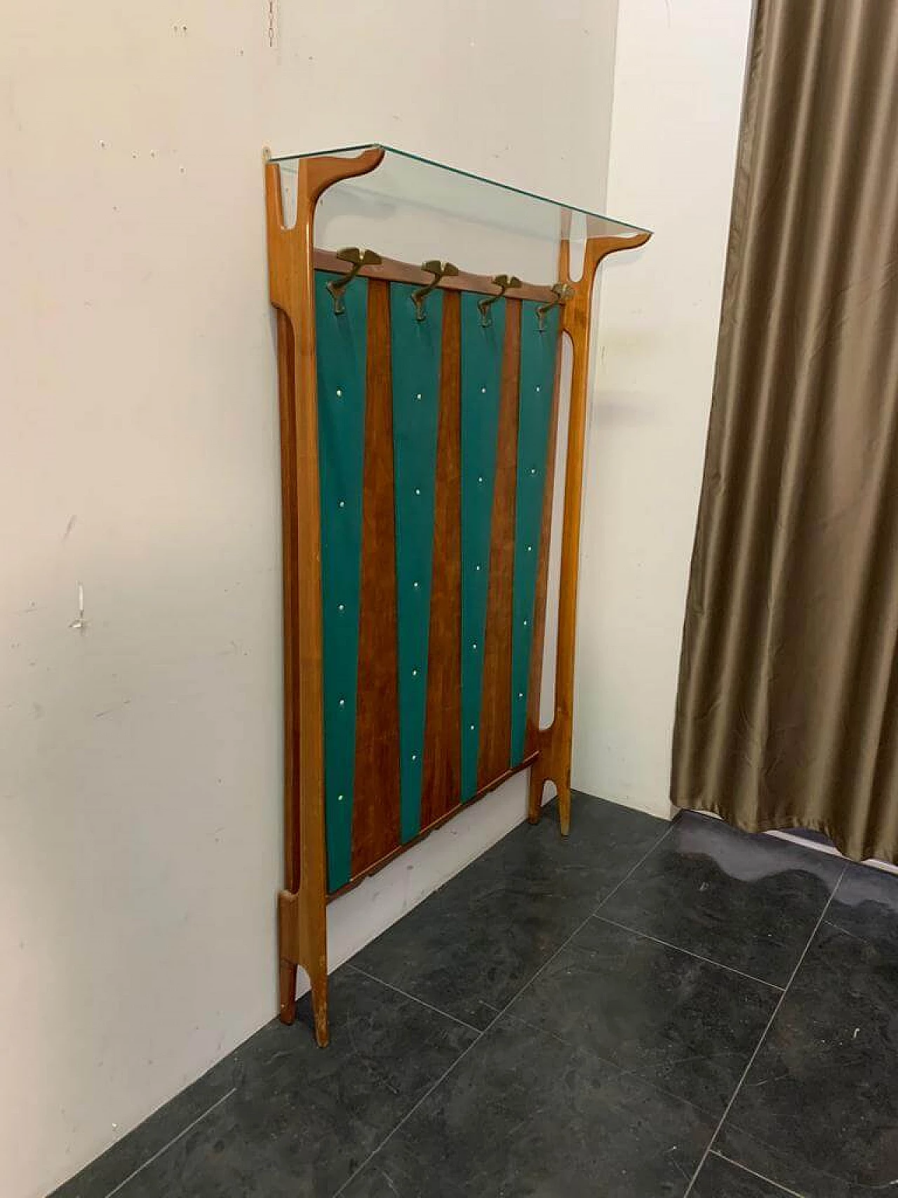 Coat rack in cherry wood and green leatherette, 1950s 1181867