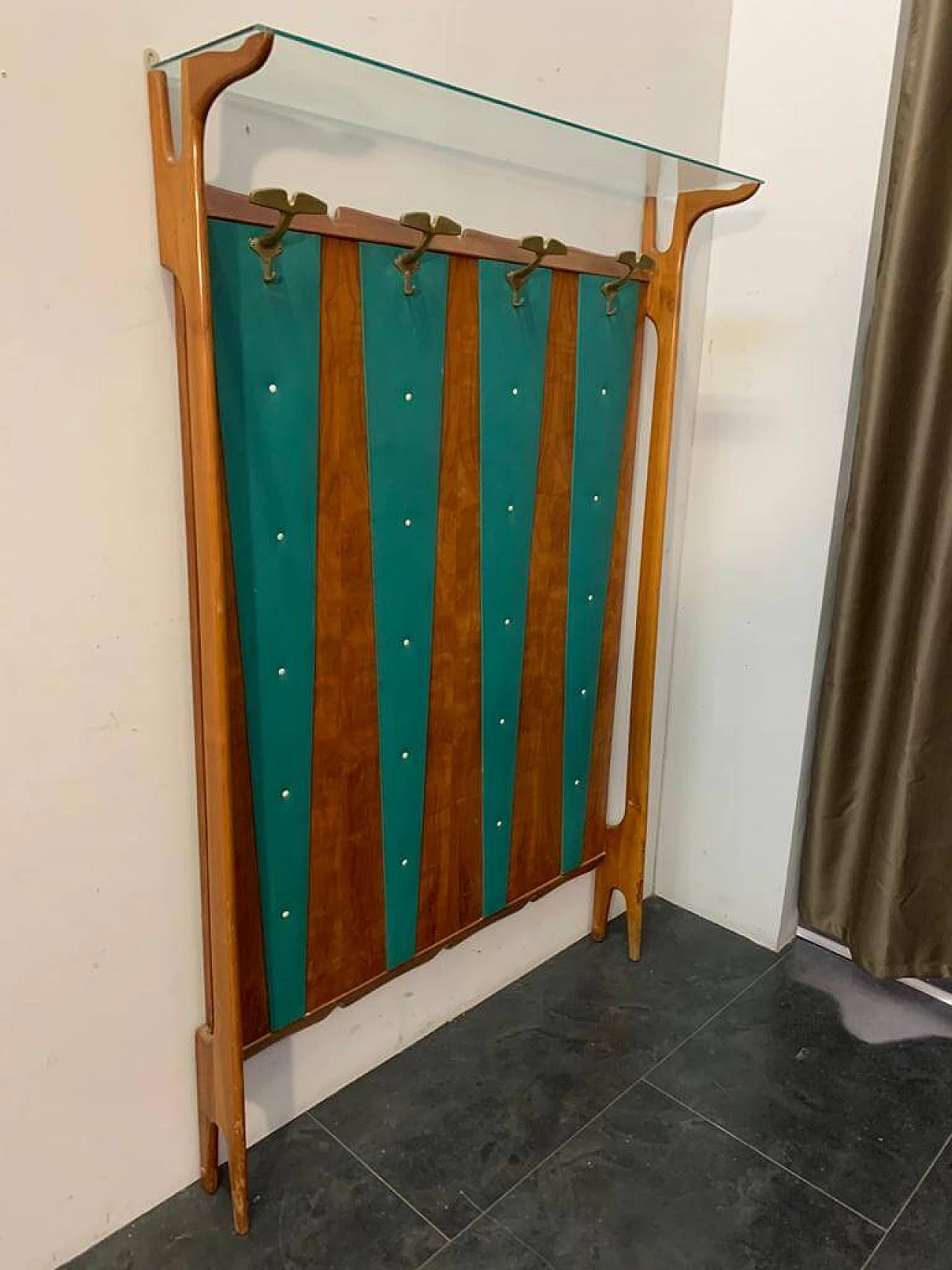 Coat rack in cherry wood and green leatherette, 1950s 1181868