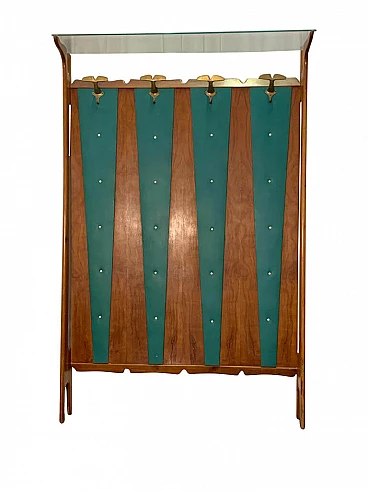 Coat rack in cherry wood and green leatherette, 1950s