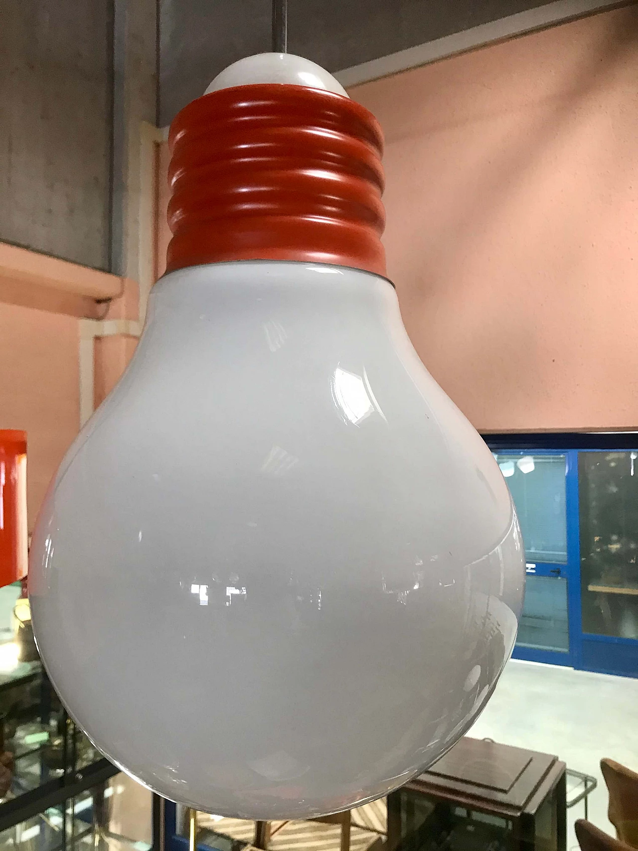 Ceiling lamp in a maxi bulb shape, orange and white, original 70s 1182762