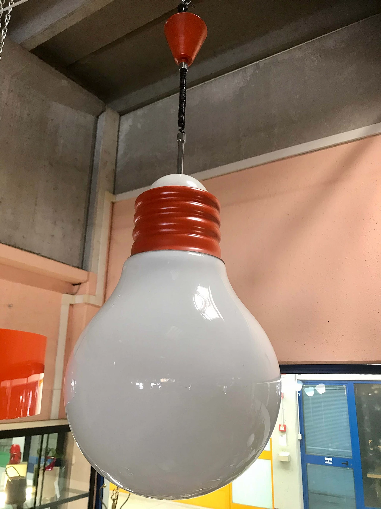 Ceiling lamp in a maxi bulb shape, orange and white, original 70s 1182763