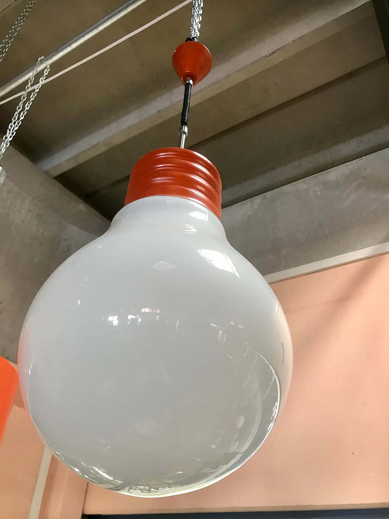 Ceiling lamp in a maxi bulb shape, orange and white, original 70s 1182765