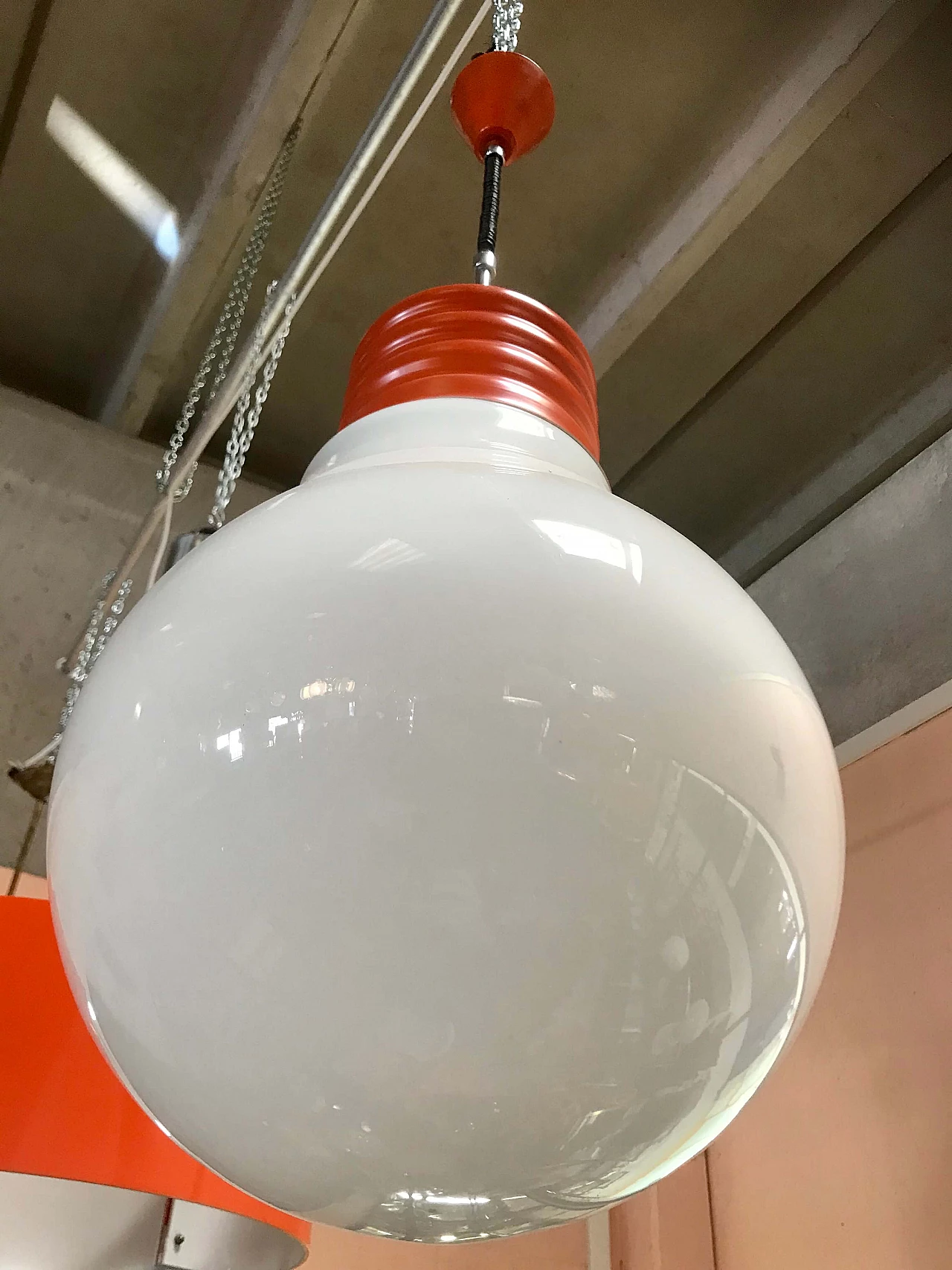 Ceiling lamp in a maxi bulb shape, orange and white, original 70s 1182766