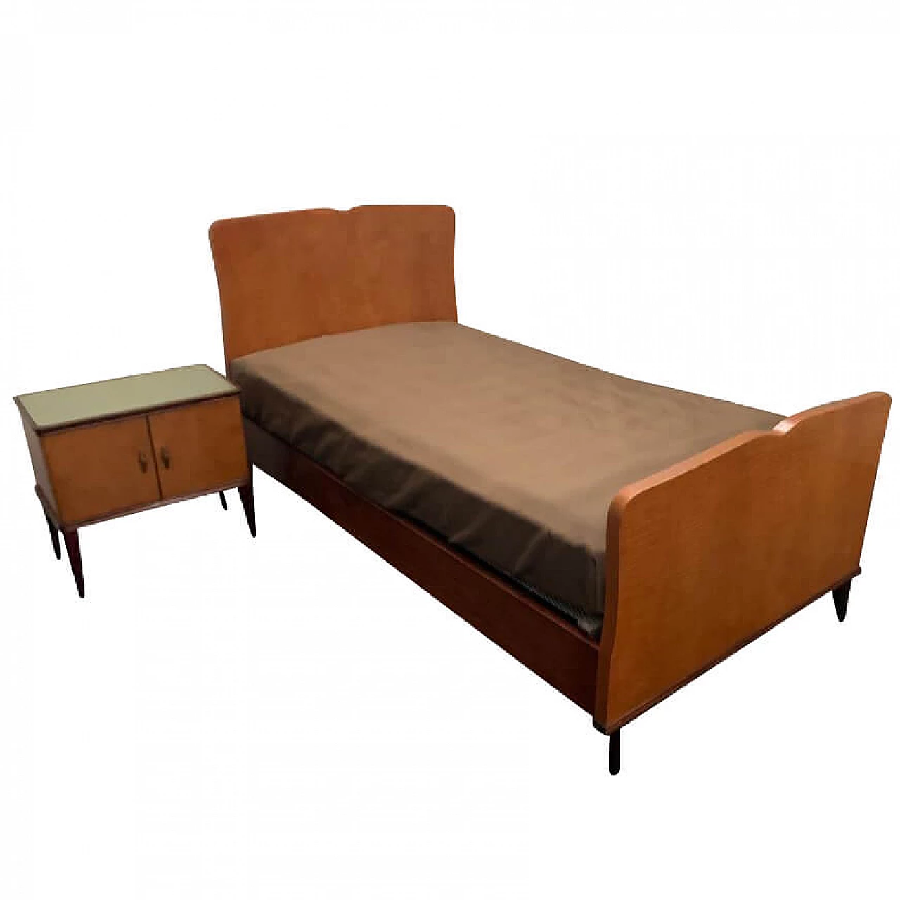 Bed and bedside table set in blond mahogany wood, 1950s 1182870