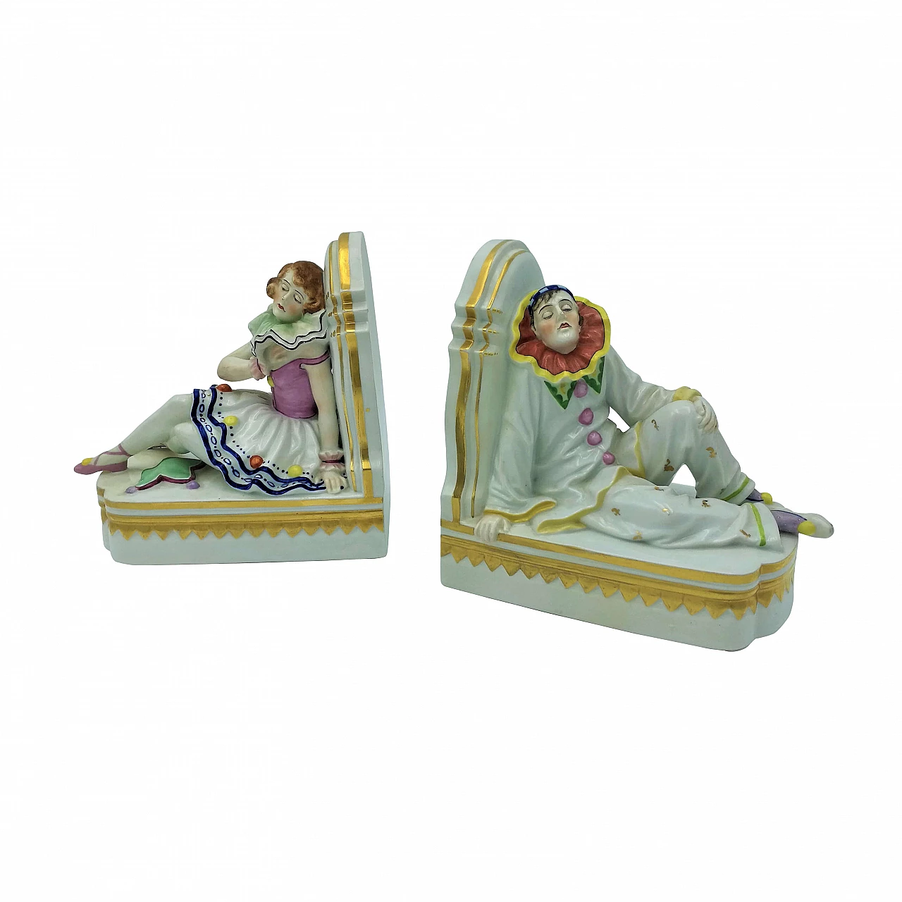 Pair of Art Deco bookends in hand-painted ceramic, 30s 1183927