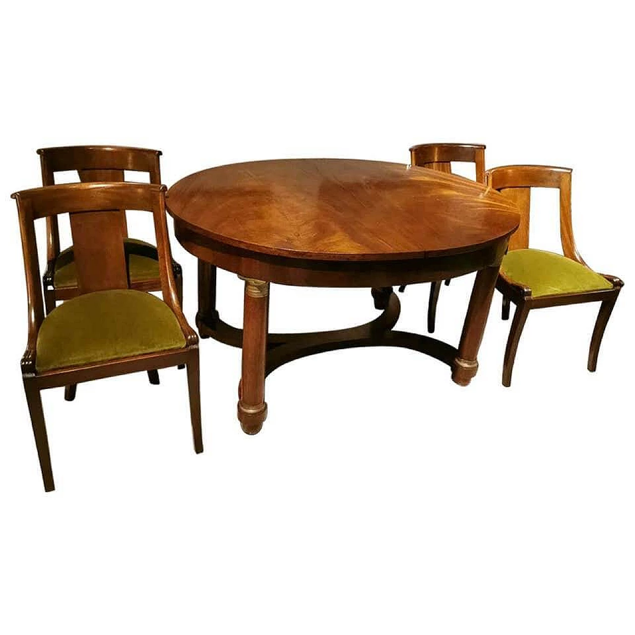 Tavolo francese allungabile stile Impero in piuma di mogano e 4 sedie, '800 1184200