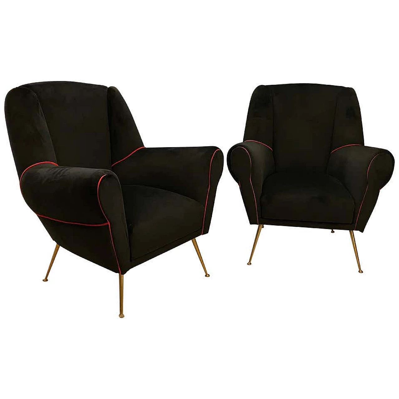 Pair of brass and black velvet armchairs, 50s 1184395